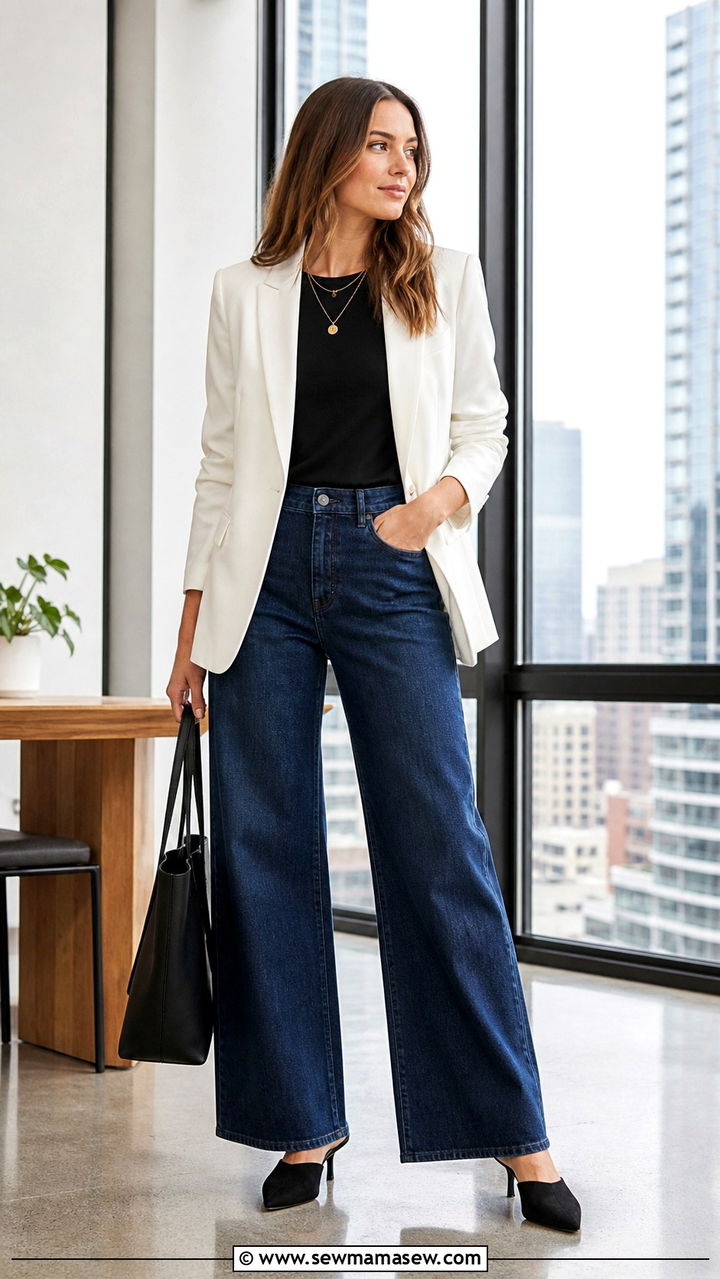 Structured Blazer With Wide Leg Jeans And Heels - 40 work outfits