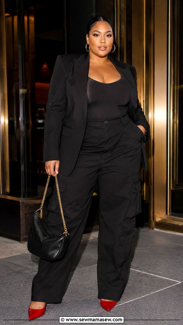 Structured Blazer With a Bodysuit Cargo Pants and Pointed Heels - 30 Plus size outfit ideas with cargo pants