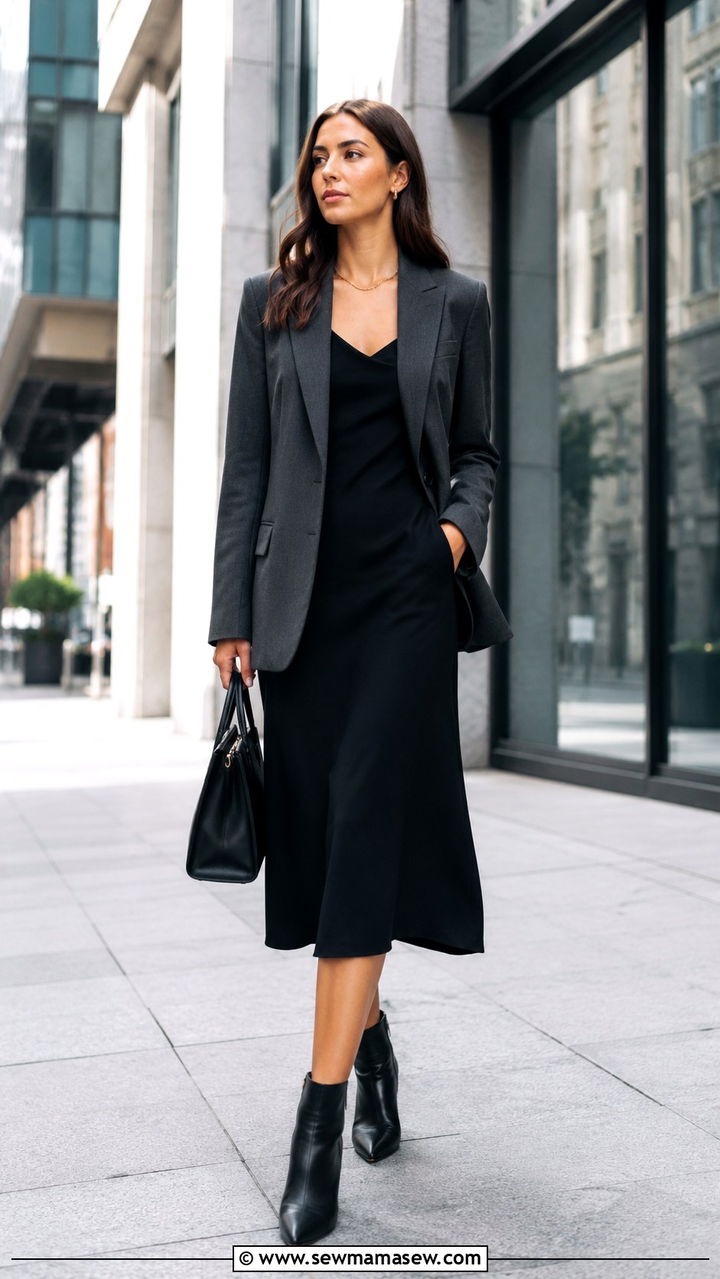 Structured Blazer Worn Open Over A Midi Dress - 20 Outfit ideas to hide love handles