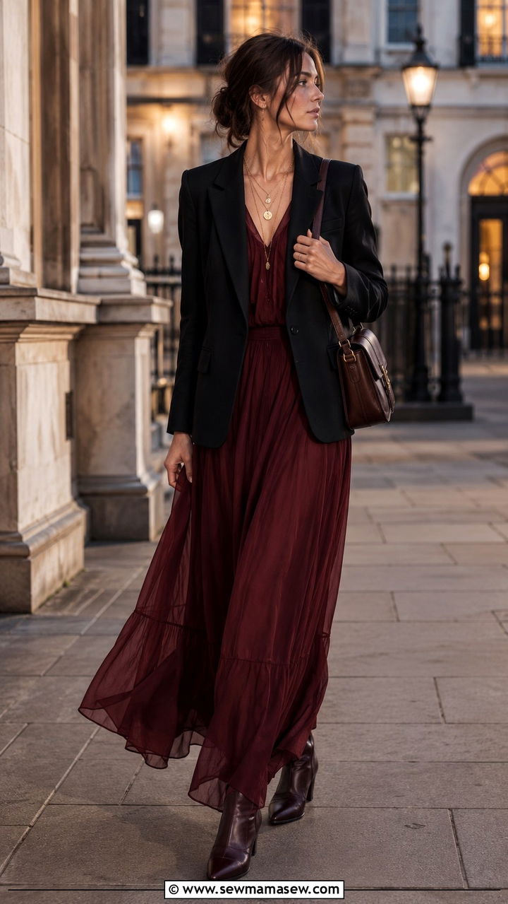 Structured Blazer over Flowing Maxi Dress - 30 Romantic academia outfit ideas