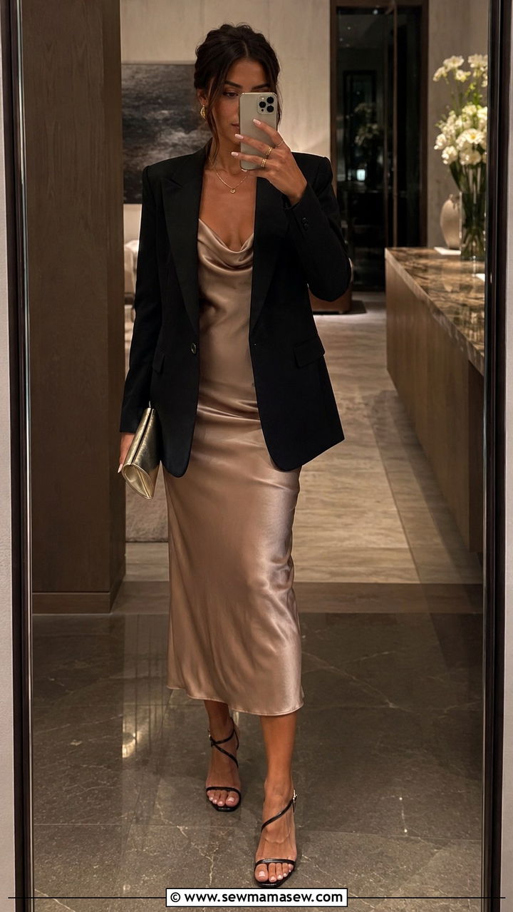 Structured Blazer over Slip Dress Outfit - 20 Outfit ideas for inverted triangle body to balance shoulders