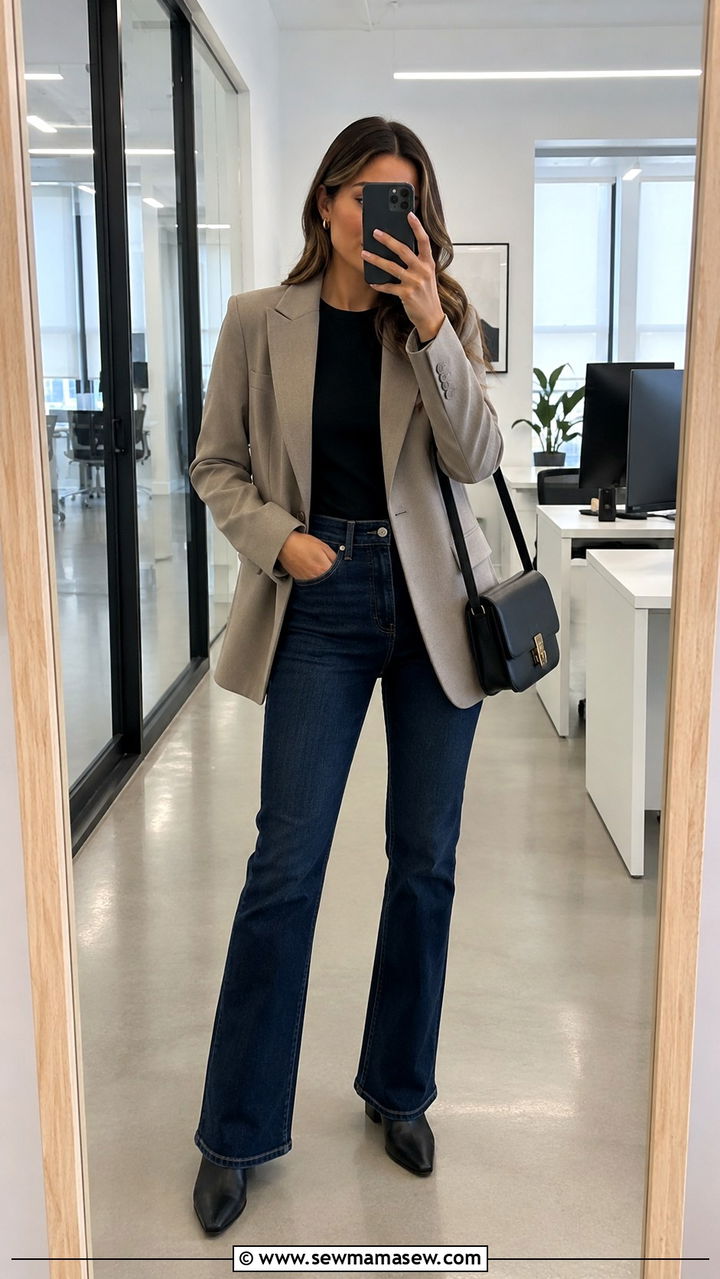 Structured Blazer with High Waisted Bootcut Jeans on Casual Friday - 20 work outfits for women with tummy