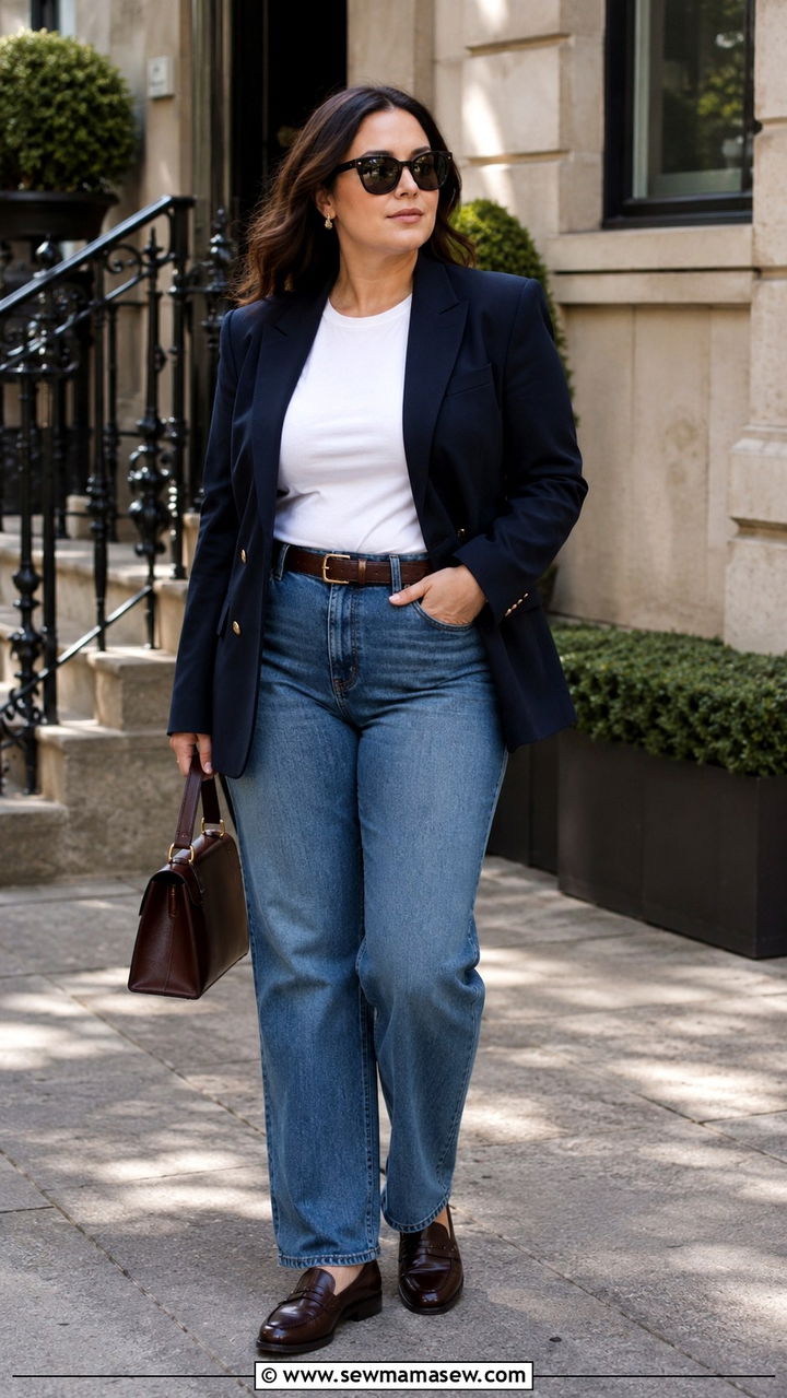 Structured Blazer with Straight Leg Jeans and Loafers - 30 transitional midsize outfit ideas