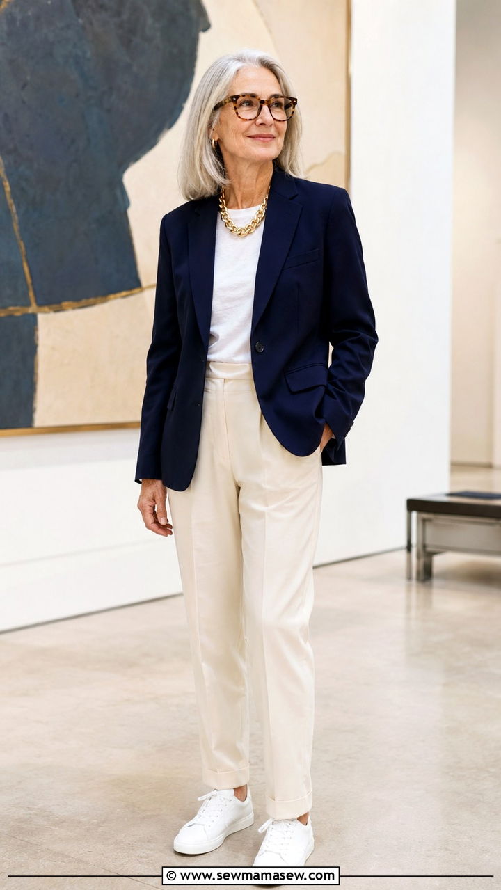 Structured Blazer with Tailored Pants Outfit - 30 Parisian outfits for women over 60