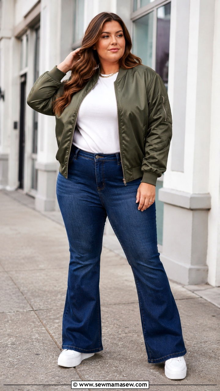 Structured Bomber Jacket With Flare Jeans And Platform Sneakers - 25 Outfit ideas for apple shape plus size
