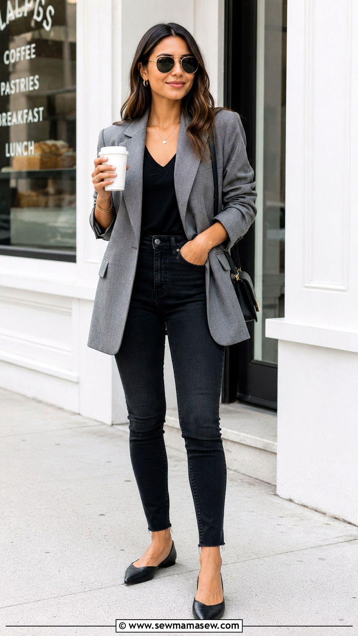 Structured Boyfriend Blazer Over Dark Jeans And Tee - 20 Outfit ideas to hide muffin top