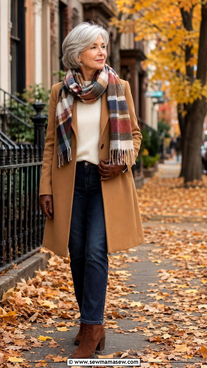 Structured Camel Coat with Straight Leg Jeans and Ankle Boots - 30 Petite outfits for women over 60