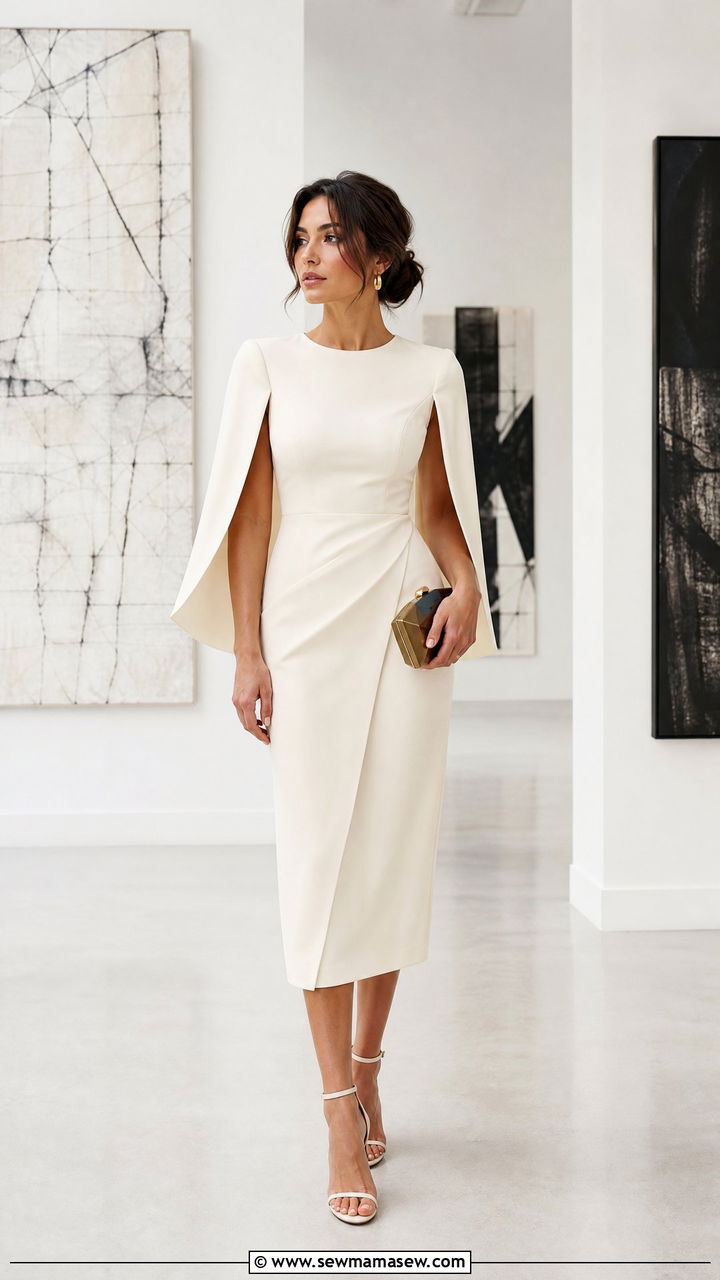 Structured Cape Sleeve Midi Dress - 20 Wedding guest outfit ideas with cape sleeves