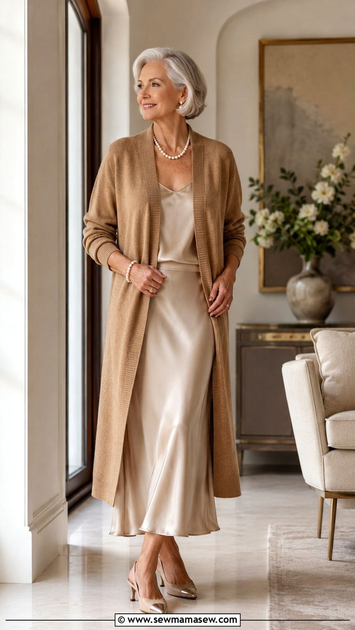 Structured Cardigan with Slip Skirt - 20 Iconic outfits for women over 60