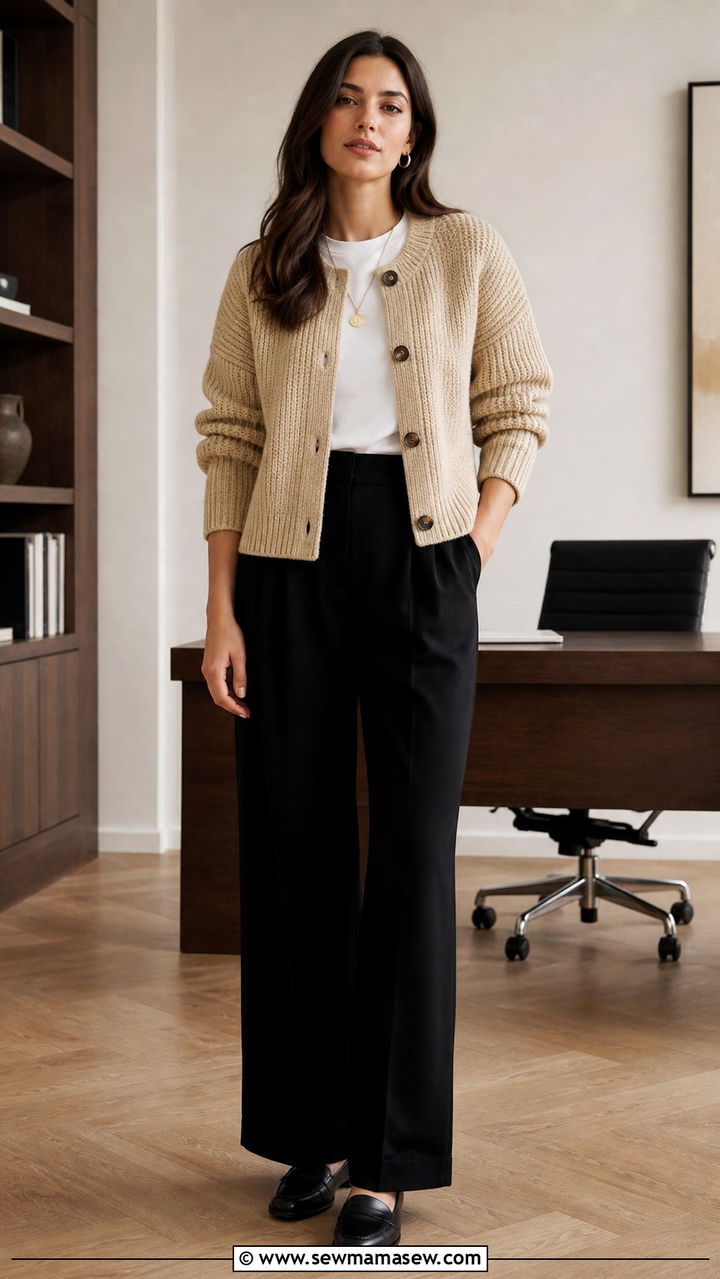 Structured Cardigan with Wide Leg Trousers - 40 office outfits ideas