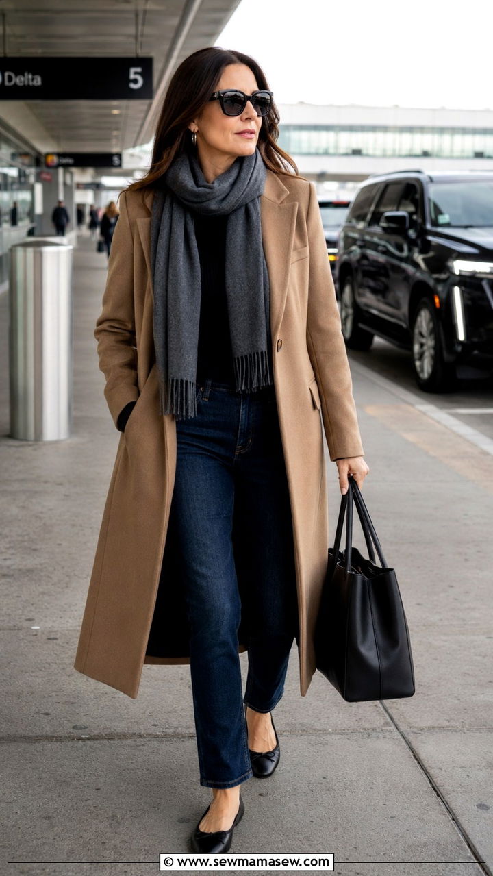 Structured Coat with Dark Jeans and Comfortable Flats - 25 What to wear on a plane over 40