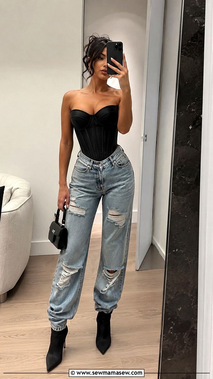 Structured Corset Top With Distressed Baggy Jeans And Pointed Boots - 30 casual edgy outfits