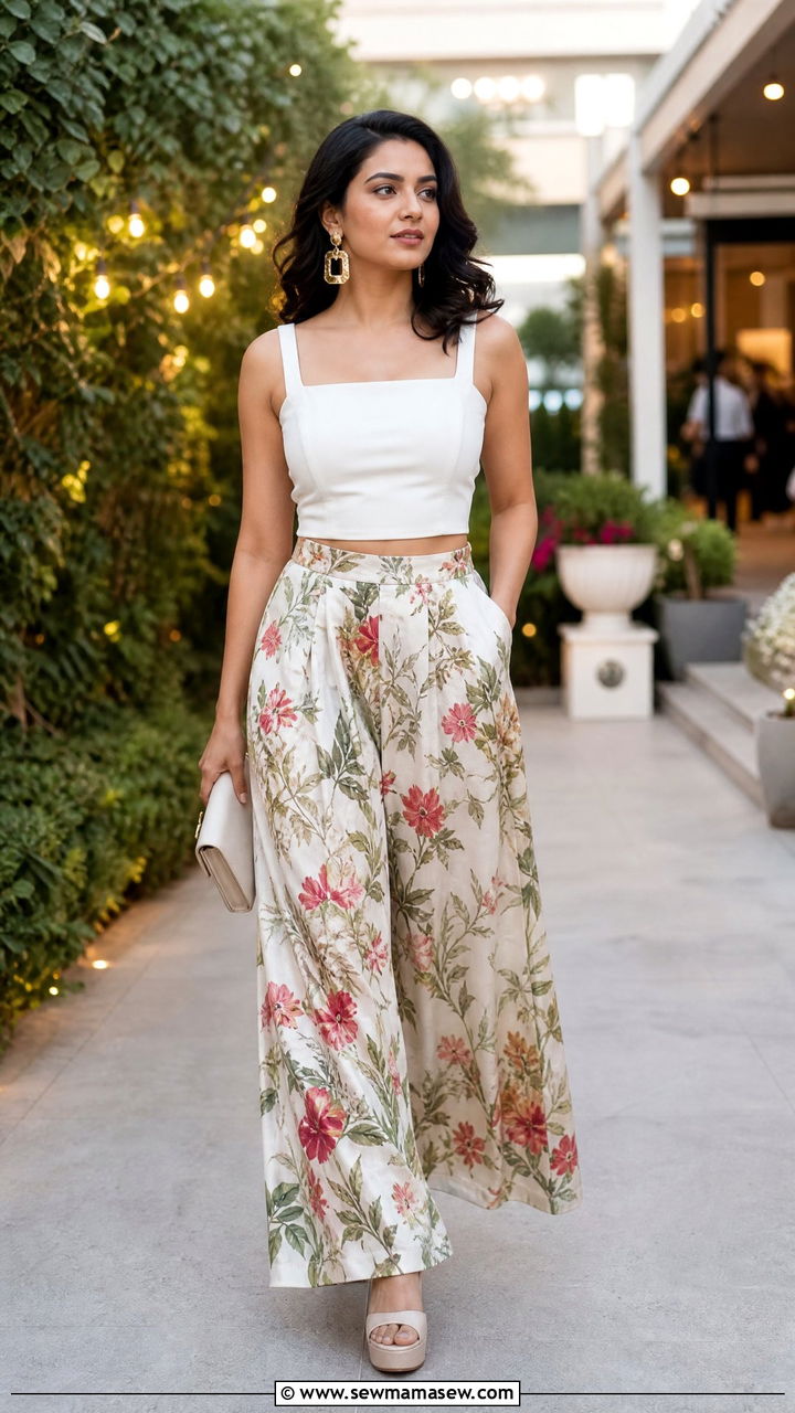 Structured Crop Top with High Waisted Palazzo Pants - 35 Garden party outfit ideas