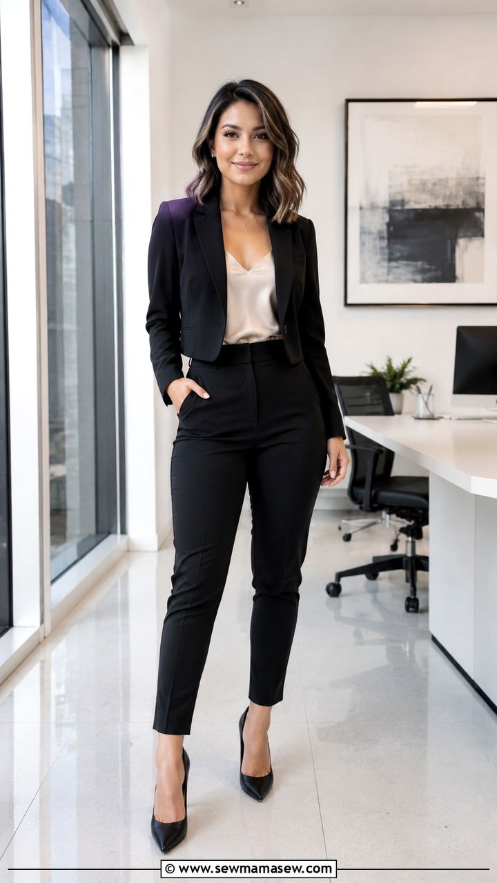 Structured Cropped Blazer with Fitted Trousers - 25 Petite outfit ideas with pear shape