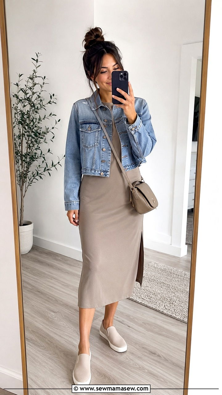 Structured Denim Jacket Over A Jersey Midi Dress - 25 Ageless outfit ideas 2026