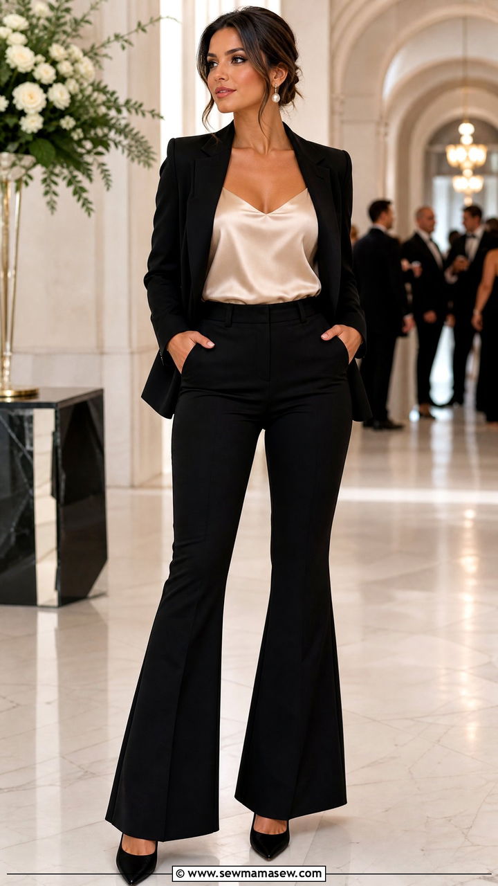 Structured Flare Pants with Silk Camisole - 25 Outfit ideas to flatter thighs