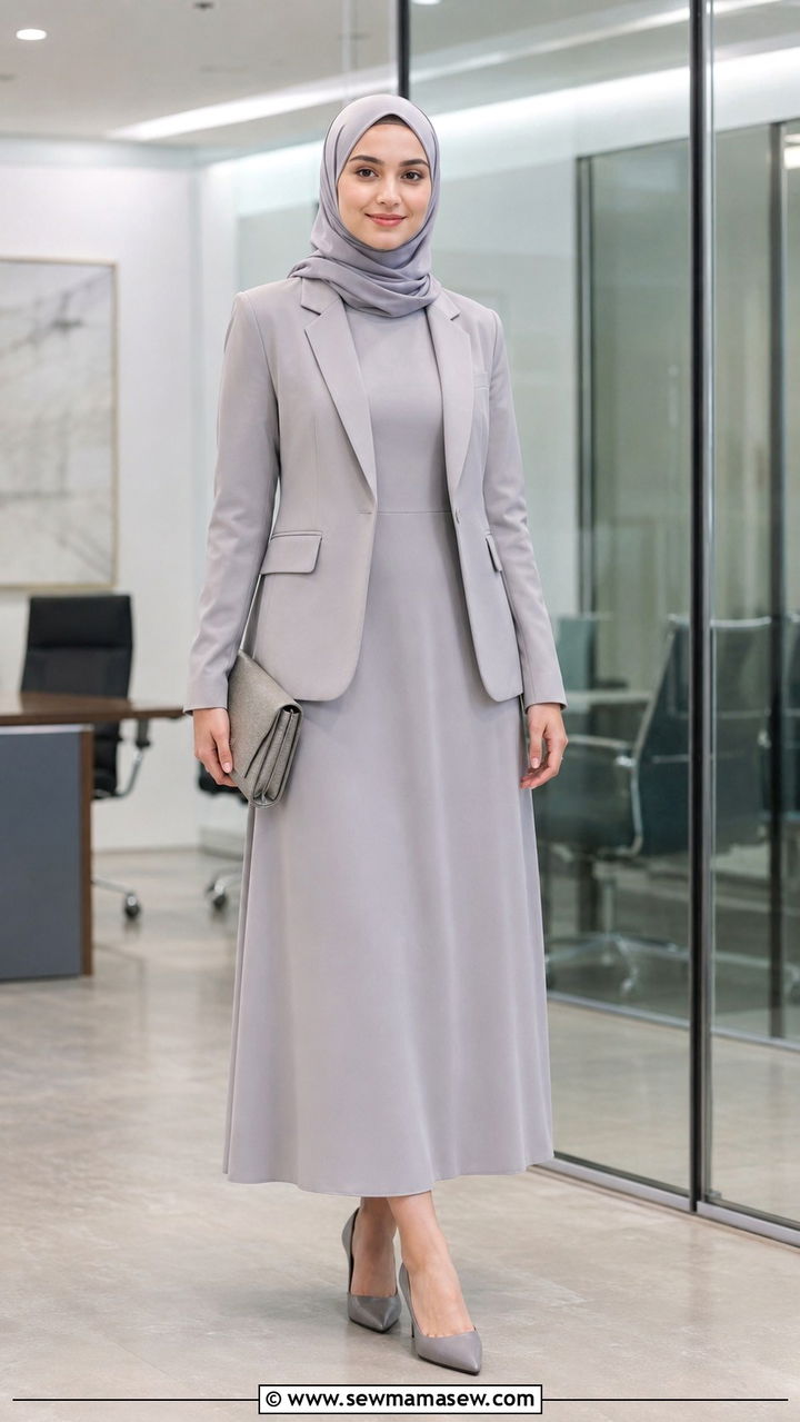 Structured Midi Dress with Matching Blazer - 25 work outfits for hijab women