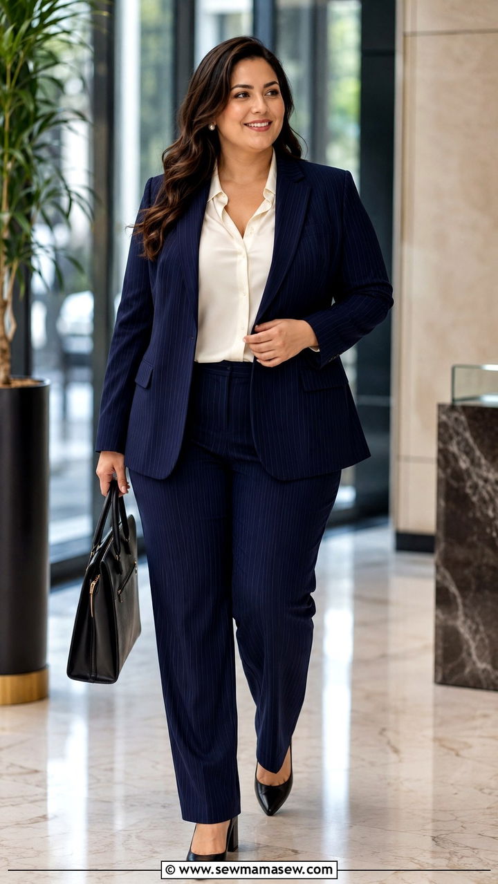Structured Pinstripe Suit with Silk Blouse - 30 Plus size corporate outfit ideas