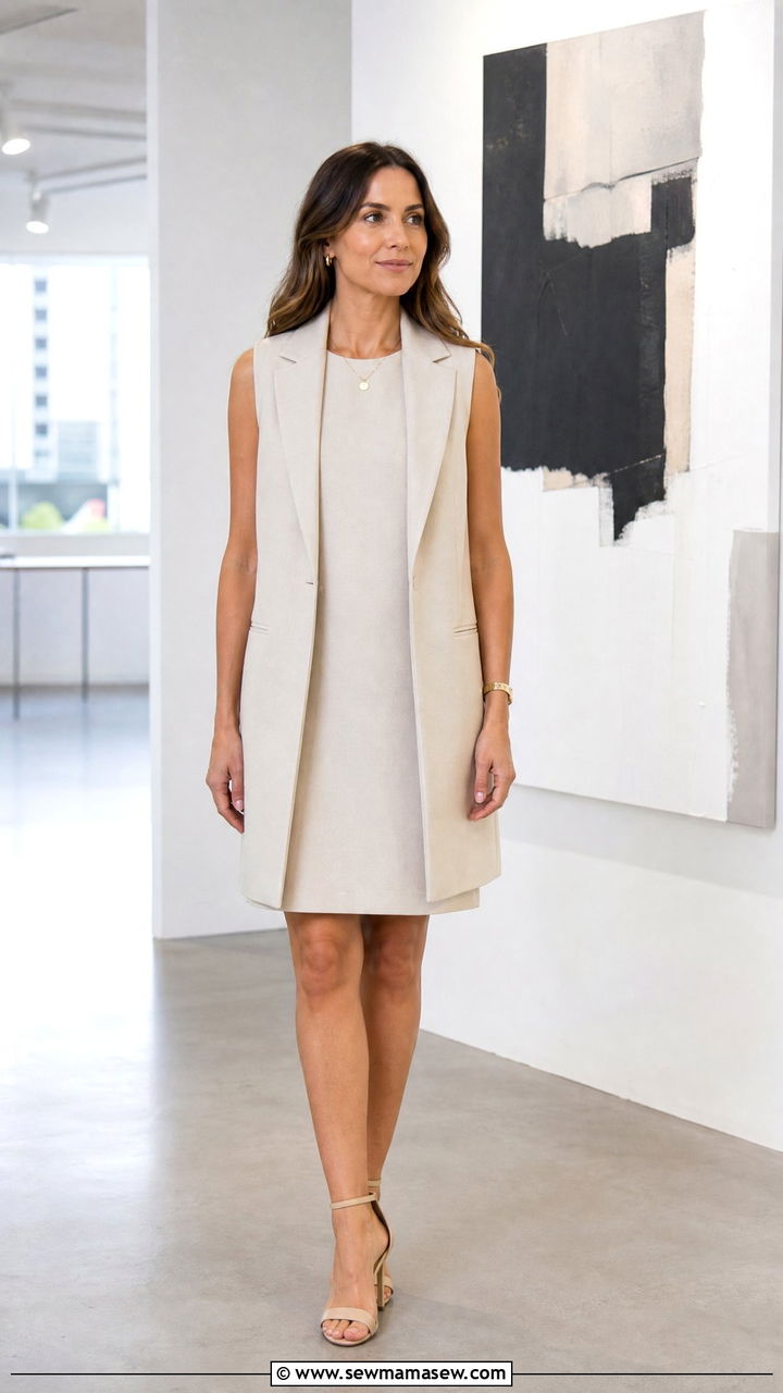 Structured Shift Dress with Longline Vest and Sandals - 30 Marketing manager outfit ideas