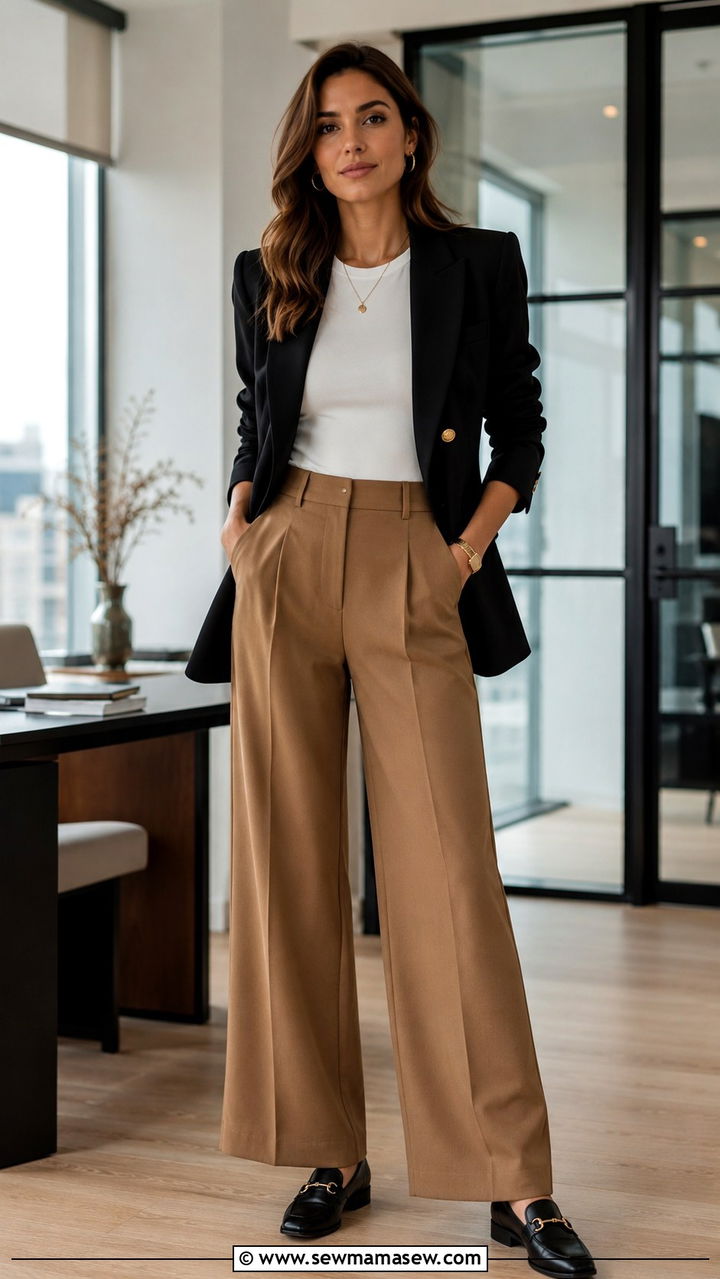 Structured Shoulder Blazer With Wide Leg Trousers And Loafers - 30 Mob wife outfits 2026