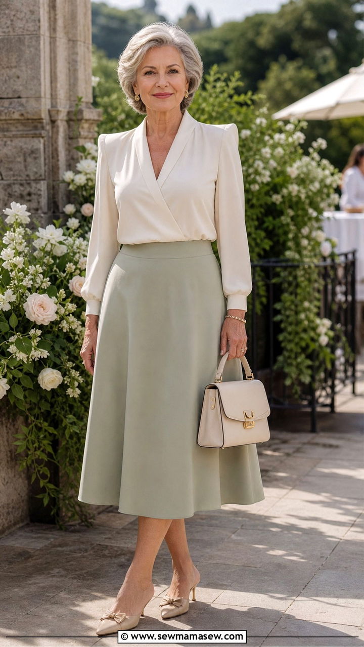 Structured Shoulder Blouse Over A Line Midi Skirt - 20 Apple shape outfits for women over 60