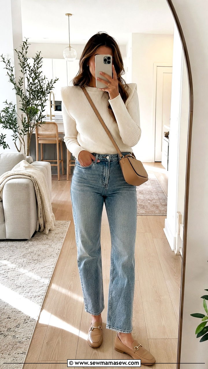 Structured Shoulder Knit Top With Straight Leg Jeans - 20 Sculpted shoulder outfit ideas 2026