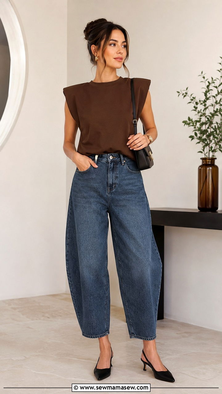 Structured Shoulder Pad Top With Barrel Leg Jeans And Kitten Heels Outfit - 30 casual glamoratti outfits