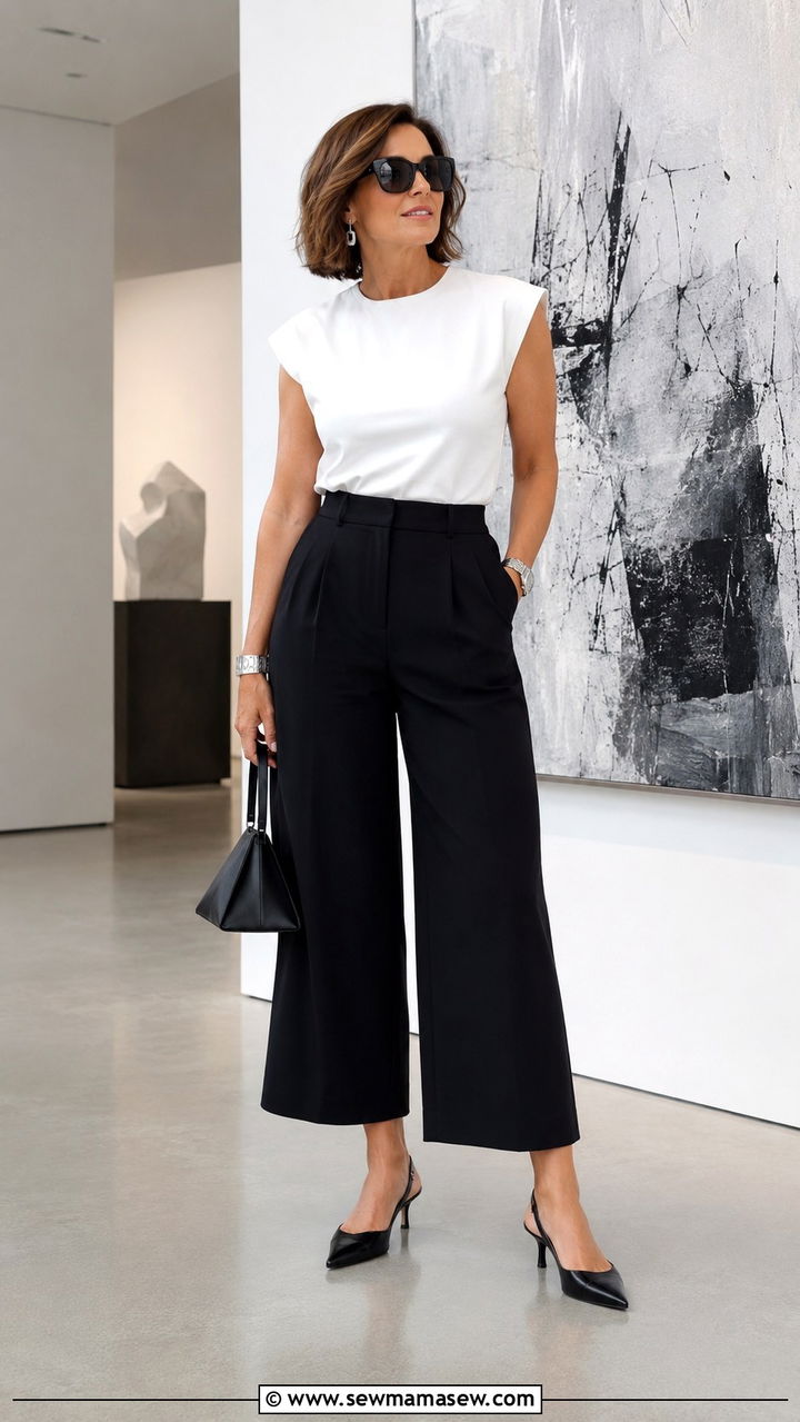 Structured Shoulder Top and Cropped Wide Leg Pants for Pear Shape - 20 Outfit ideas for pear shape over 50