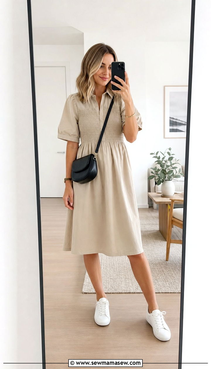 Structured Smock Dress With White Sneakers - 25 classy outfits for women with tummy