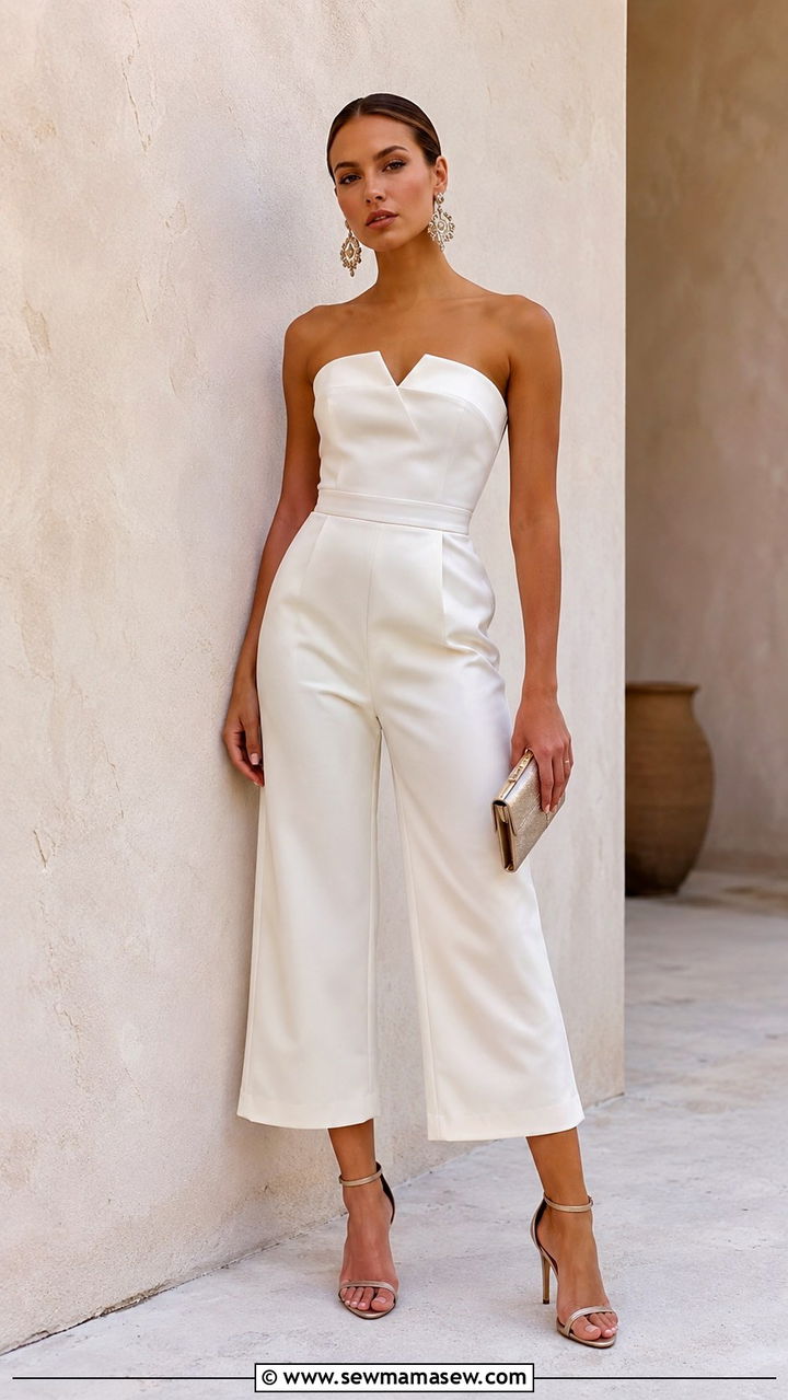 Structured Strapless Jumpsuit With Statement Earrings - 25 boho chic outfits aesthetic