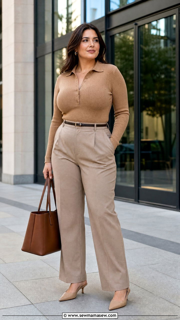 Structured Sweater Polo With High Waisted Wide Leg Trousers - 25 casual outfits for women with big bust