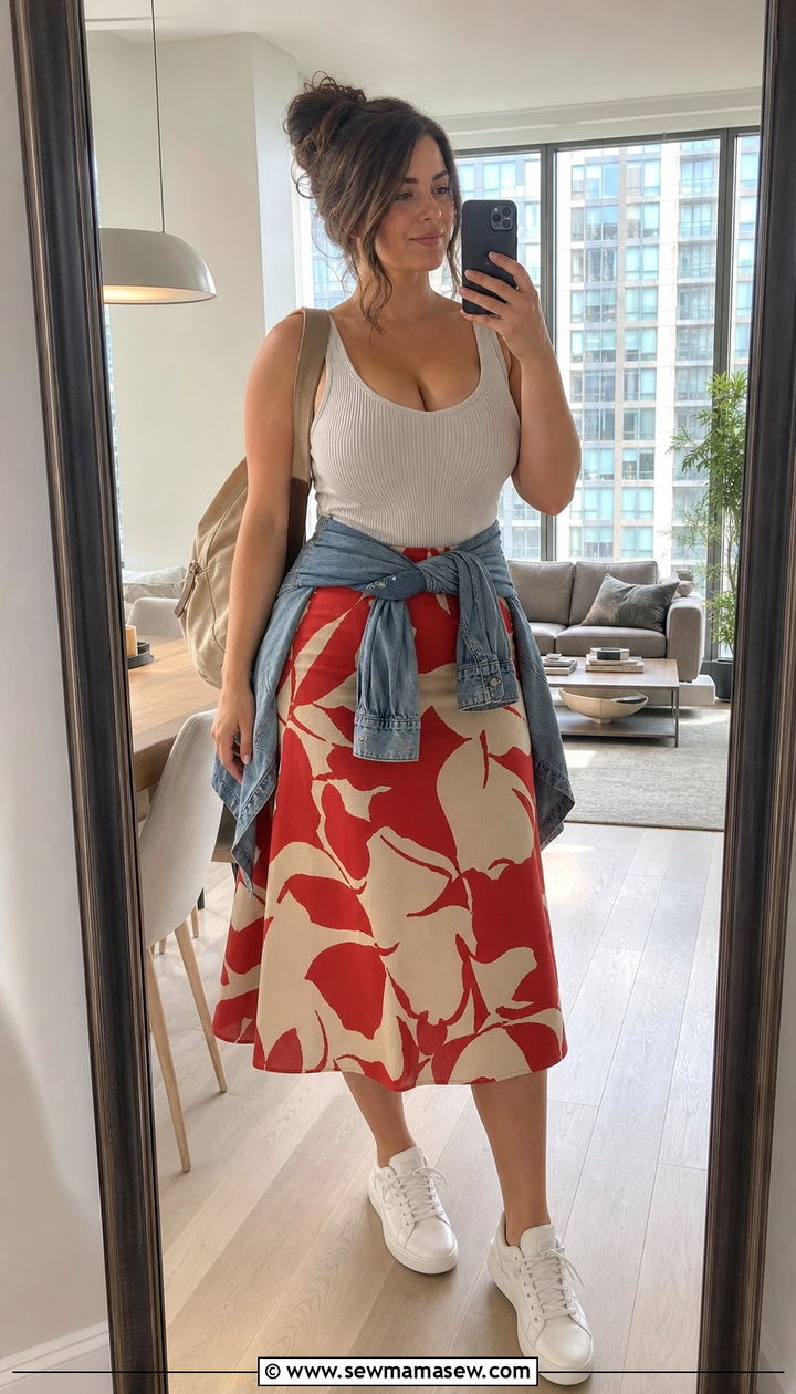 Structured Tank Top With A Line Midi Skirt And Sneakers - 25 Summer outfits for big bust