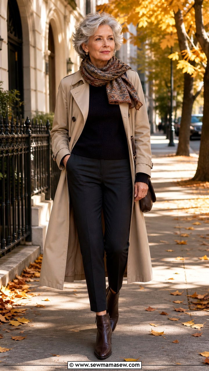 Structured Trench Coat With a Scarf and Ankle Boots - 20 Apple shape outfits for women over 50