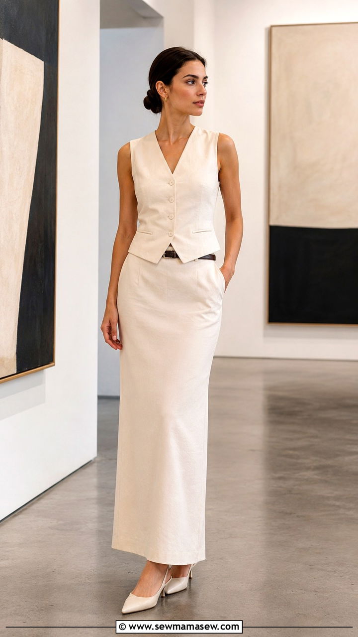 Structured Vest With A Column Maxi Skirt Outfit - 30 how to style maxi skirt outfits
