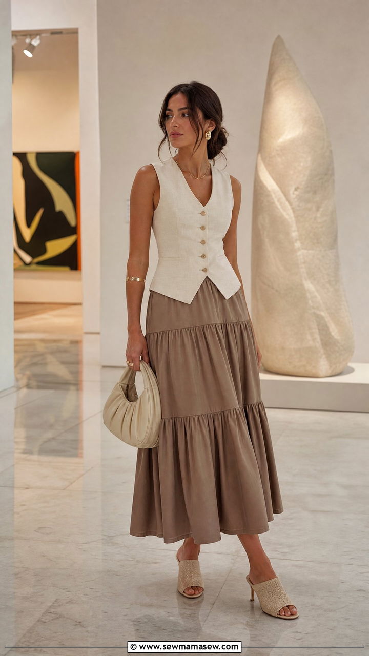 Structured Vest with Tiered Midi Skirt Italy Outfit - 30 cute Italy outfits