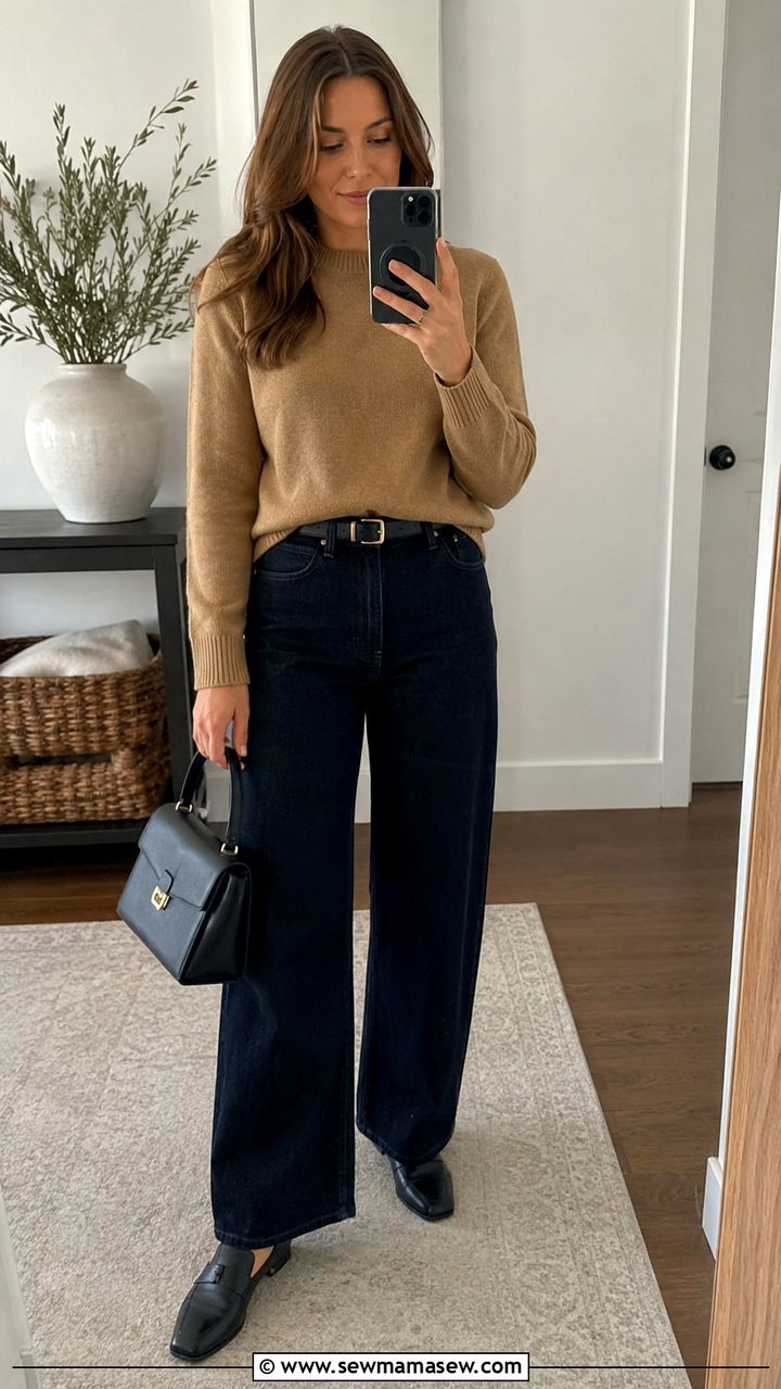 Structured Wide Leg Jeans with a Fine Knit Sweater - 30 transitional jeans outfit ideas