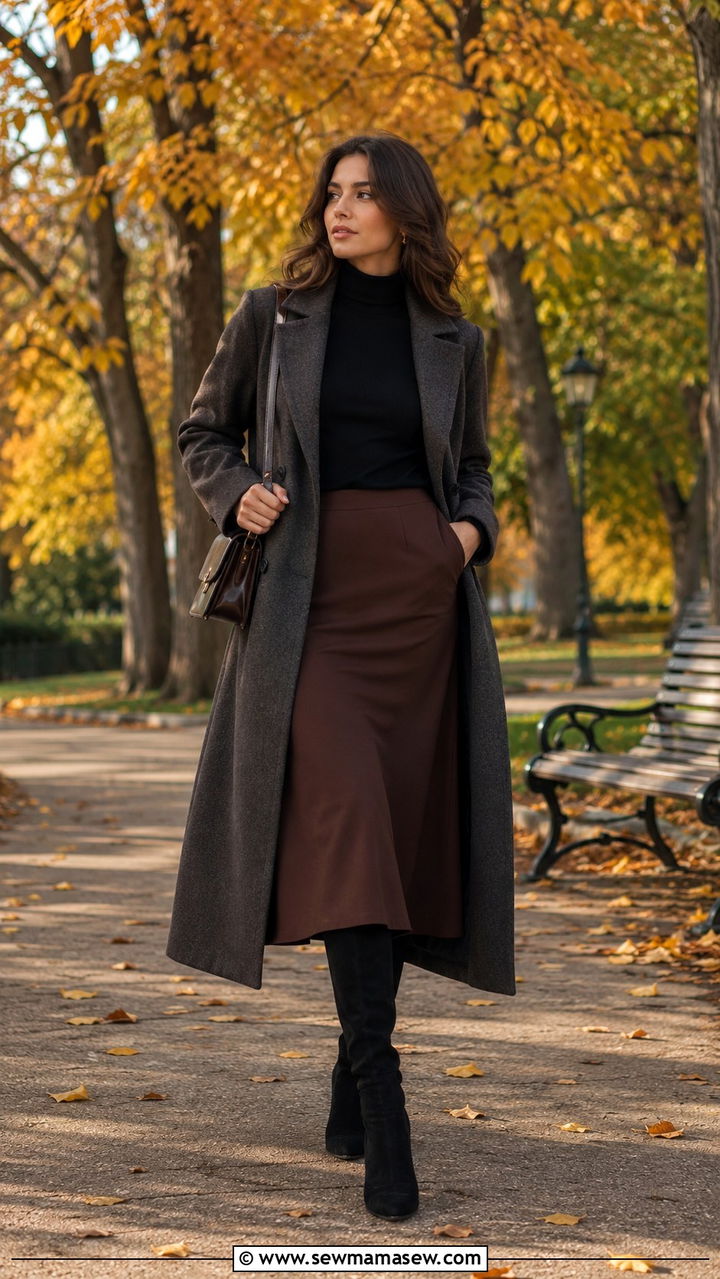 Structured Wool Coat and Turtleneck Midi Skirt - 30 old money outfits to copy