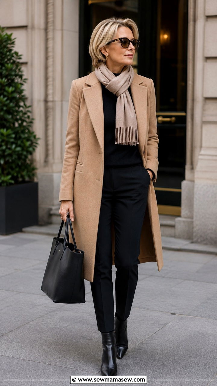 Structured Wool Coat with Slim Pants - 30 Modest outfit ideas for women over 40
