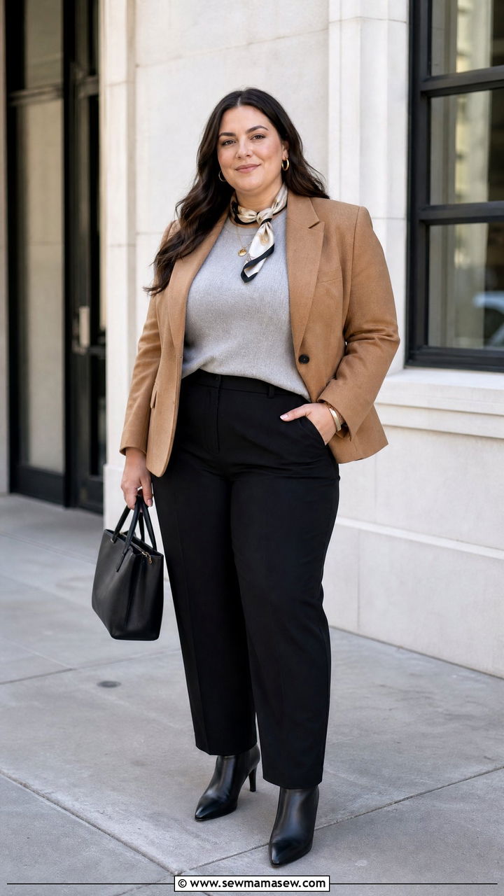 Structured blazer and knit top with trousers outfit - 25 Interview outfit ideas plus size