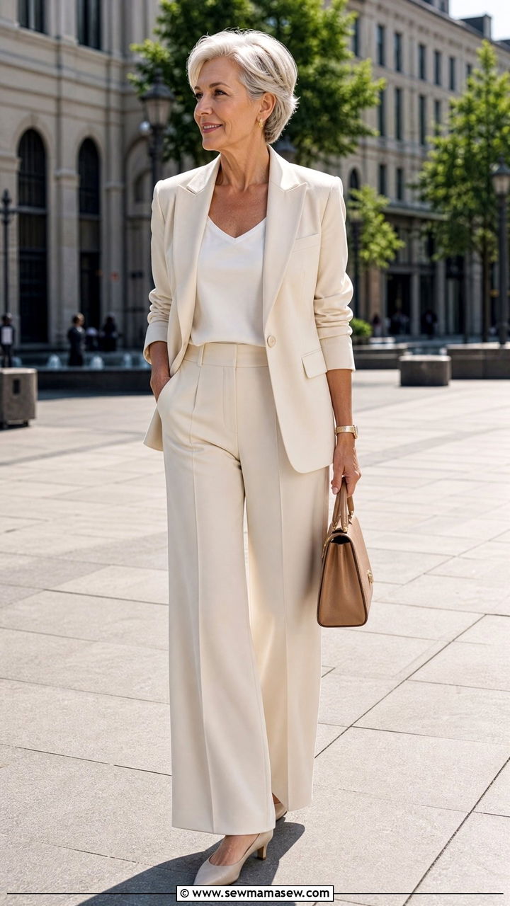 Structured blazer and wide leg pants outfit for women over 60 - 20 Fashion mistakes to avoid over 60