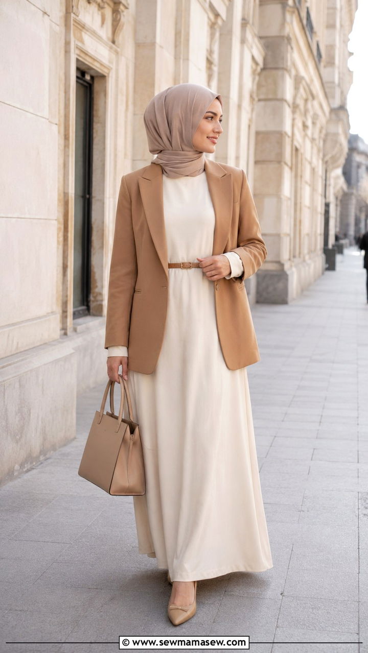 Structured blazer layered over maxi dress - 30 Modest wardrobe essentials 2026