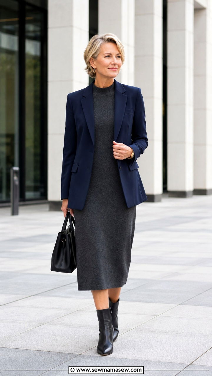 Structured blazer over knit midi dress - 30 parisian outfit ideas for women over 40