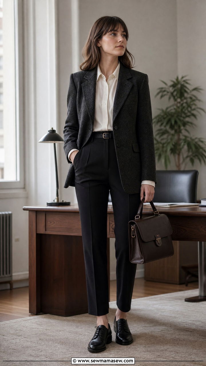 Structured blazer with collared blouse and tailored pants - 25 classy dark academia outfits