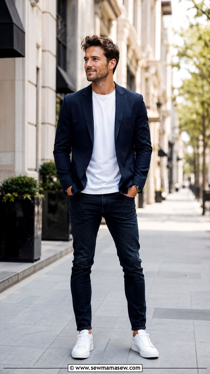 Structured blazer with dark jeans and white sneakers - 20 Startup founder outfit ideas