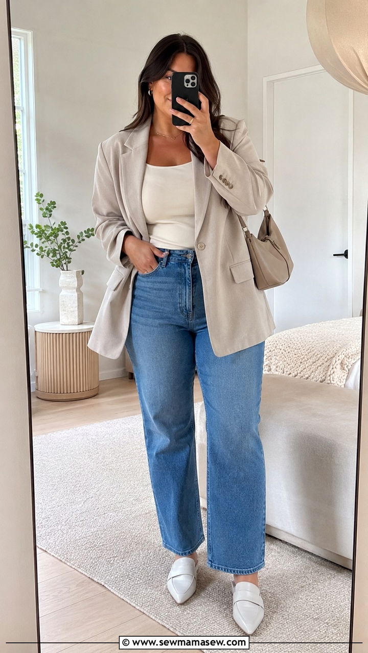 Structured blazer with high rise straight jeans - 30 Plus size outfit ideas spring 2026