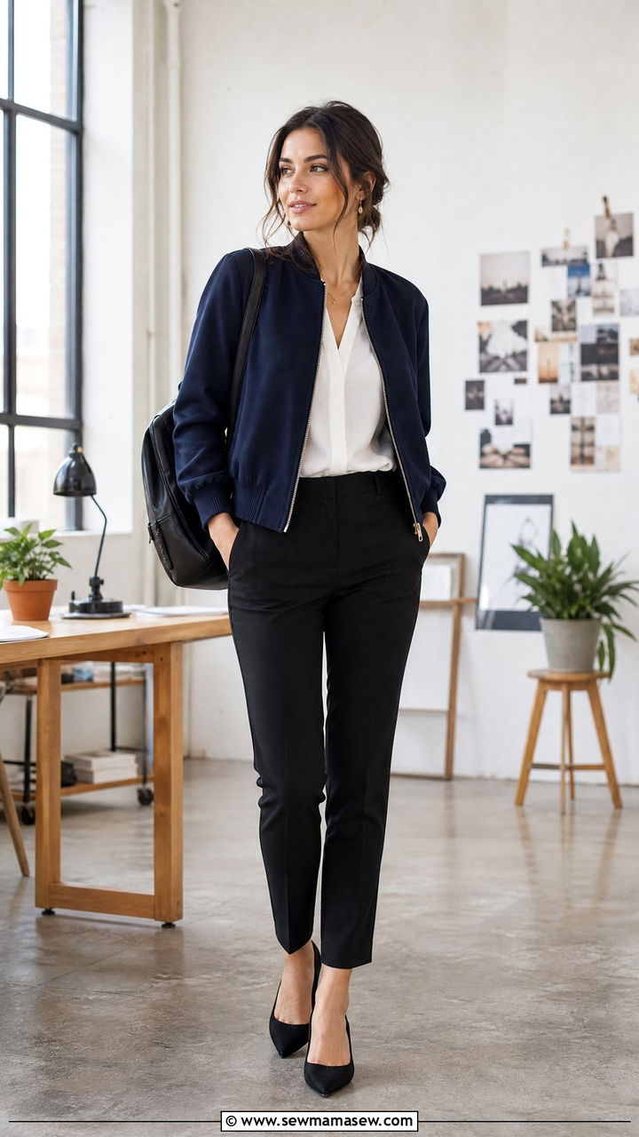 Structured bomber jacket with slim trousers - 35 job interview outfit ideas for women