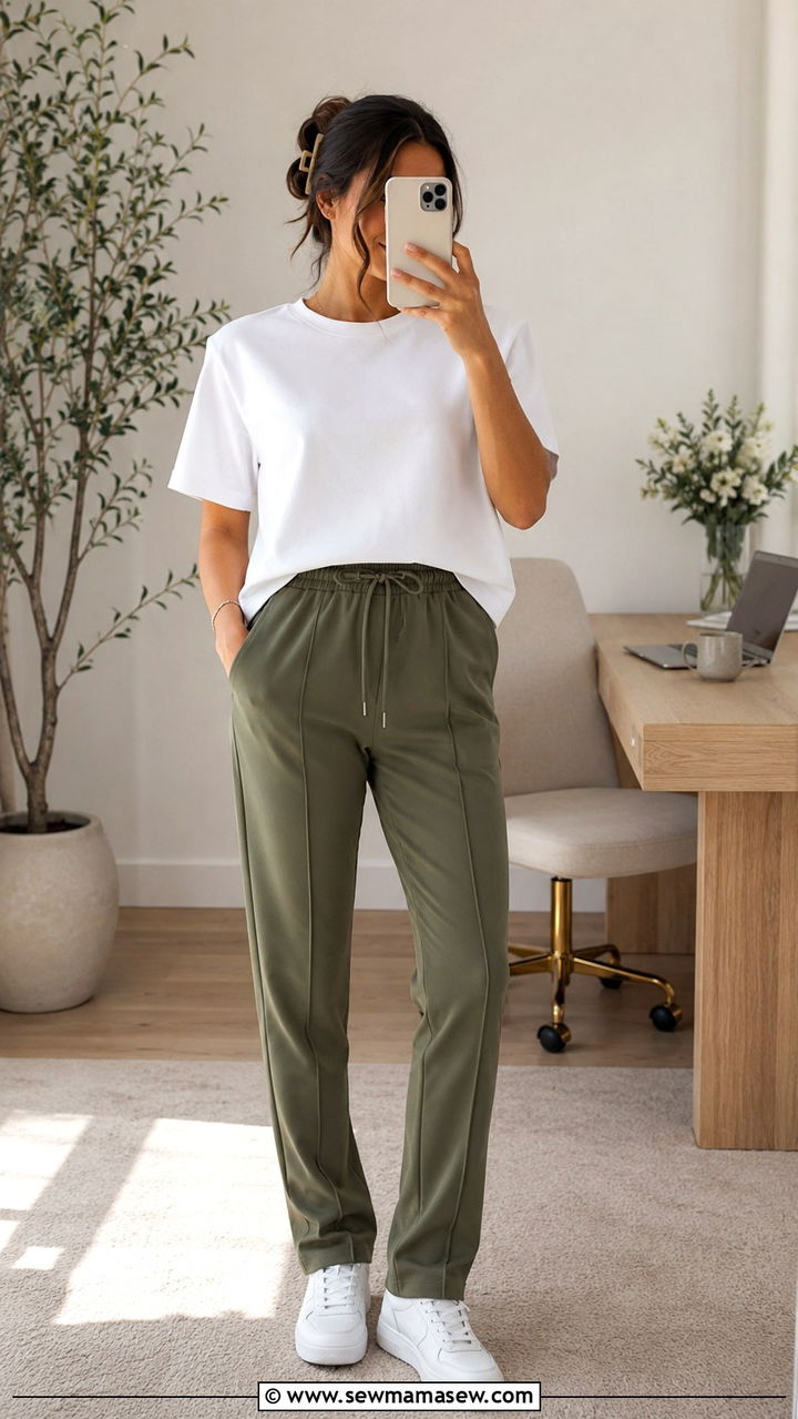 Structured boxy tee with tailored track pants and clean sneakers - 30 Spring outfit ideas for work from home