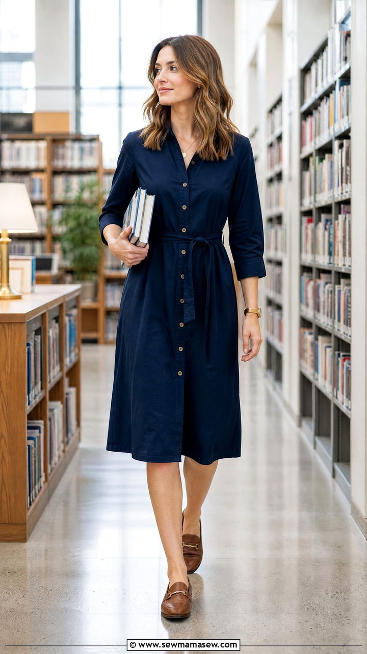 Structured button front dress with a self belt and loafers - 35 Librarian outfit ideas for work