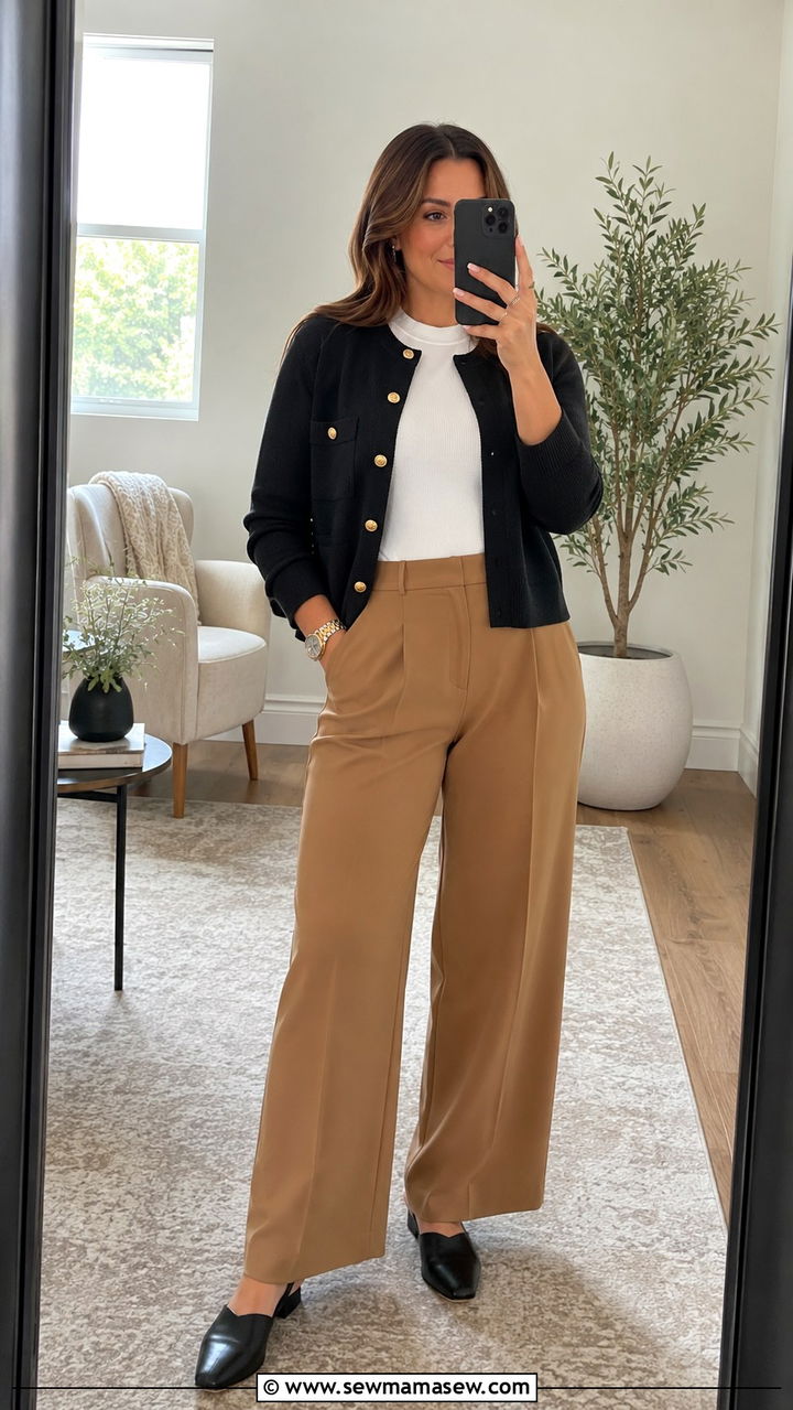 Structured cardigan high neck tank and wide leg pants - 25 Virtual presentation outfit ideas