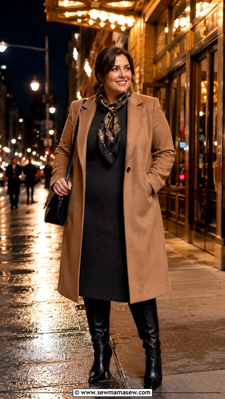 Structured coat and knit dress winter dressy outfit - 30 Plus size outfit ideas for moms